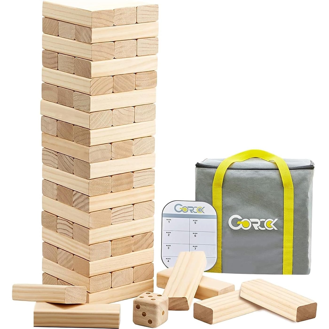60-Piece Giant Tumble Tower with dice and scoreboard, stacks to 5 ft